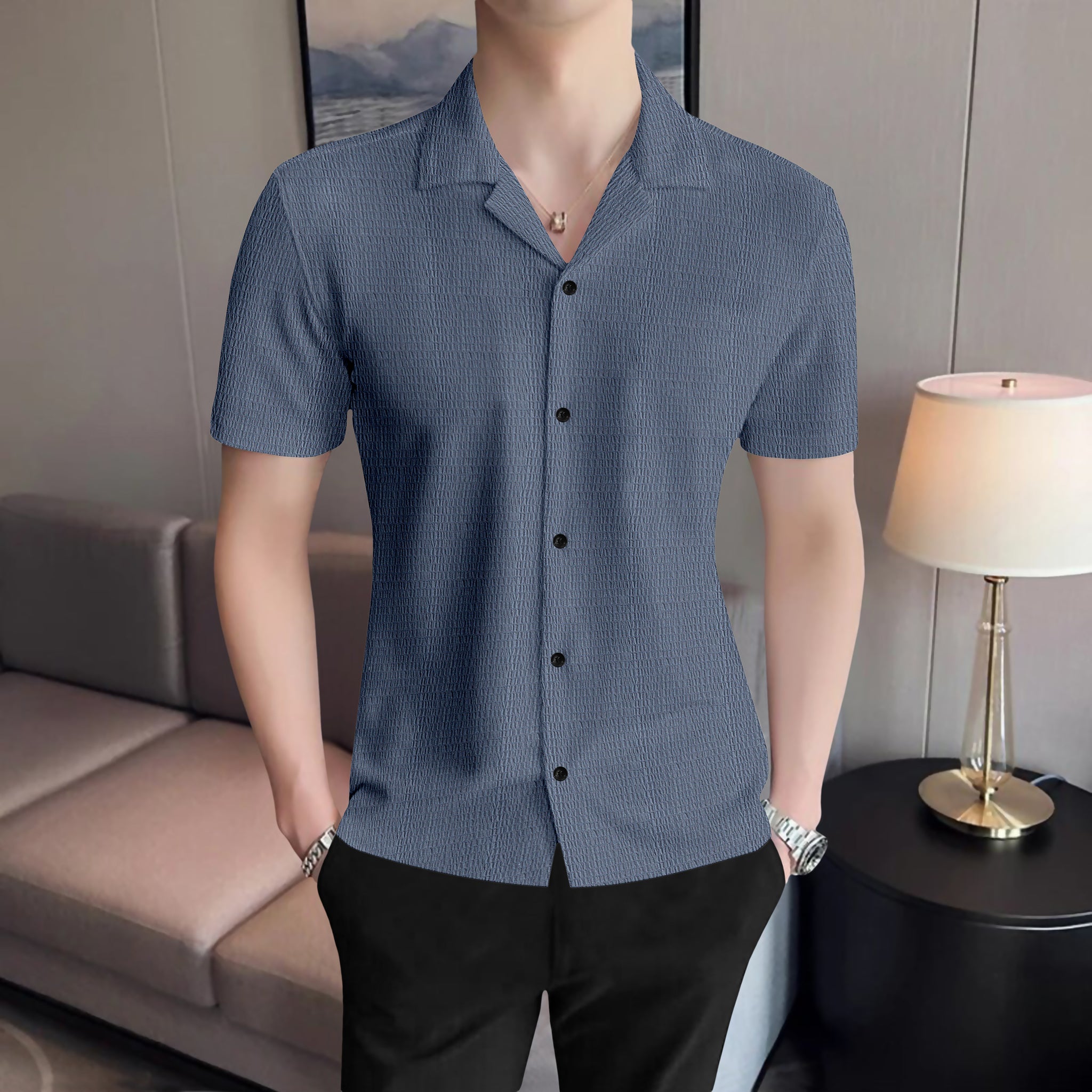 Dark Grey Textured Shirt With Cuban Collar