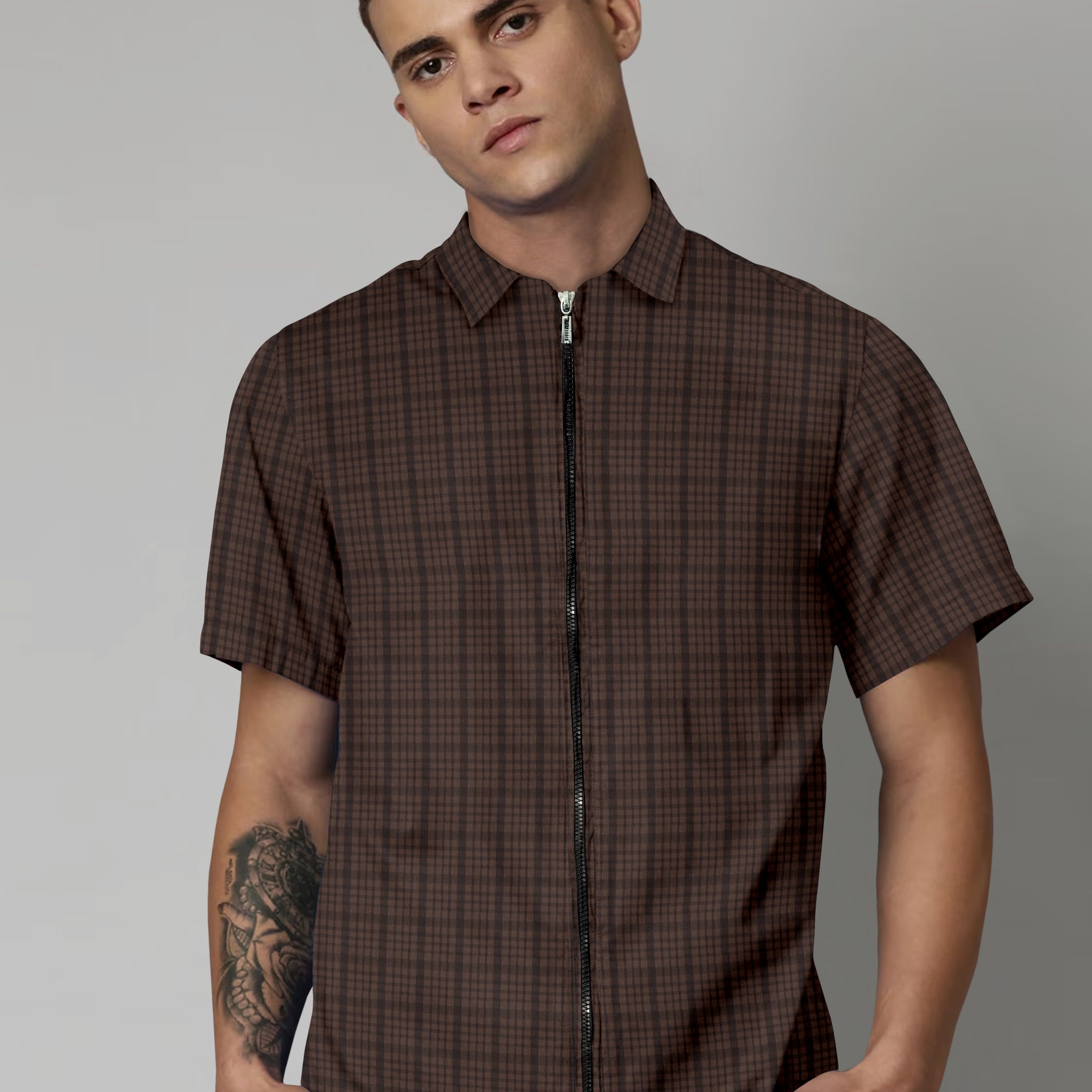 Nuon Chocolate Short Sleeve Zip-Up Shirt