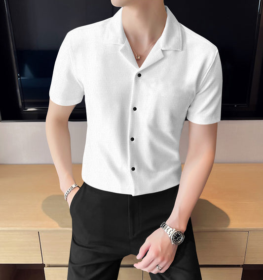 Milky White Textured Shirt With Cuban Collar