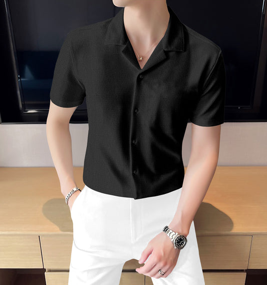 Pleasant Black Textured Shirt With Cuban Collar