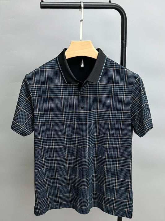 Blue and Black Branded Plaid Polo Shirt